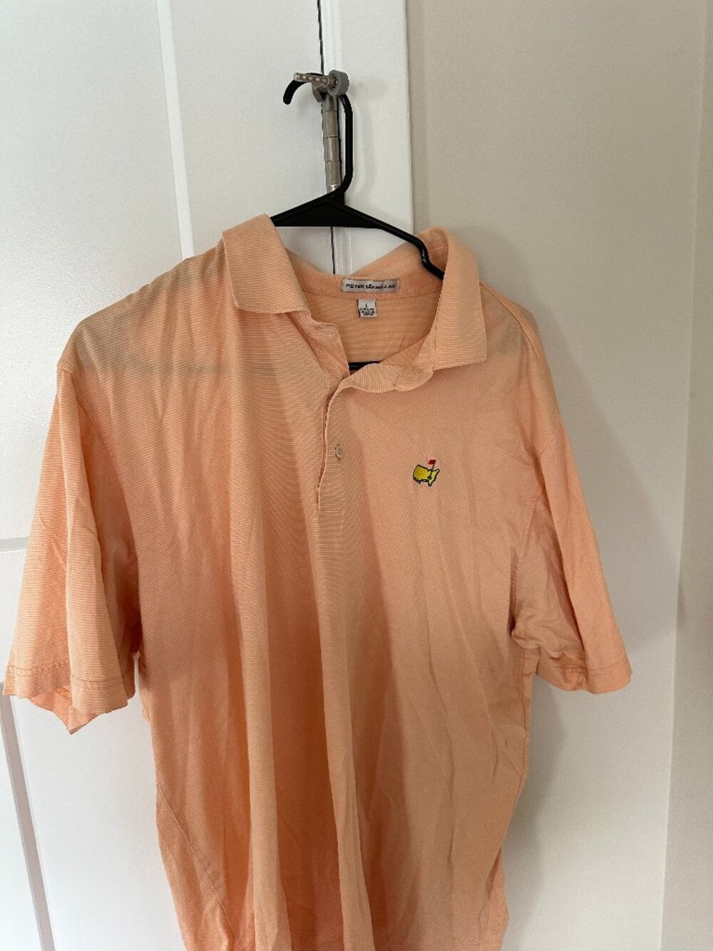 Mens Masters by Peter Millar Golf Polo Shirt L Orange Striped